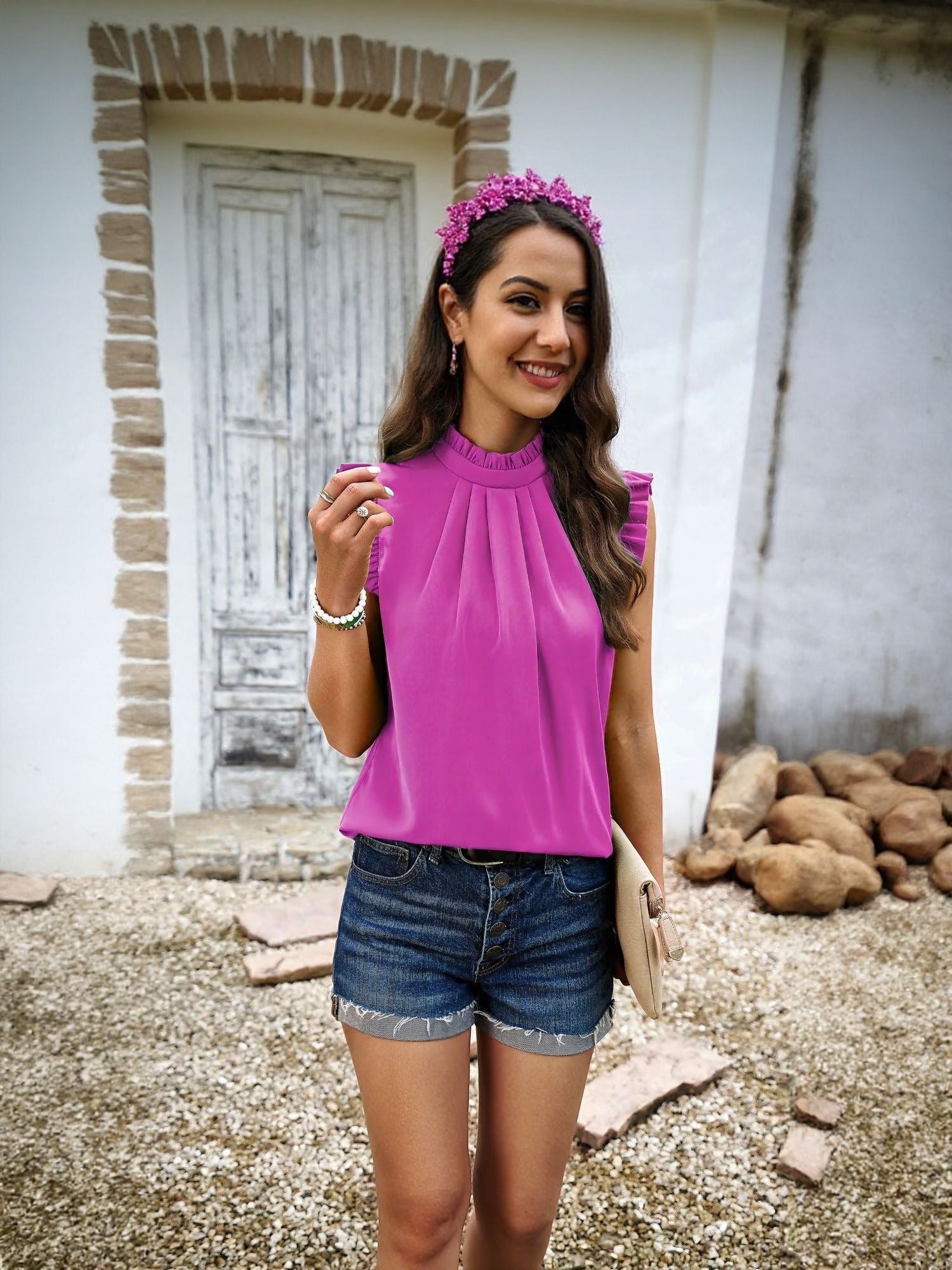Pink High Neck Top With Ruffle Detail