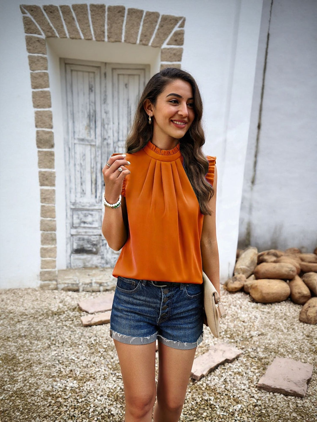 Orange High Neck Top With Ruffle Detail
