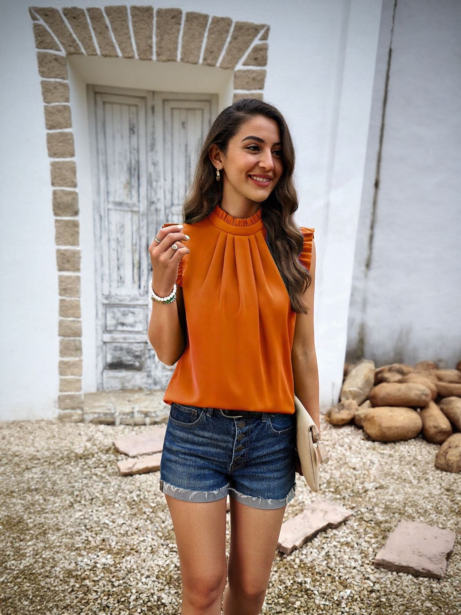Orange High Neck Top With Ruffle Detail