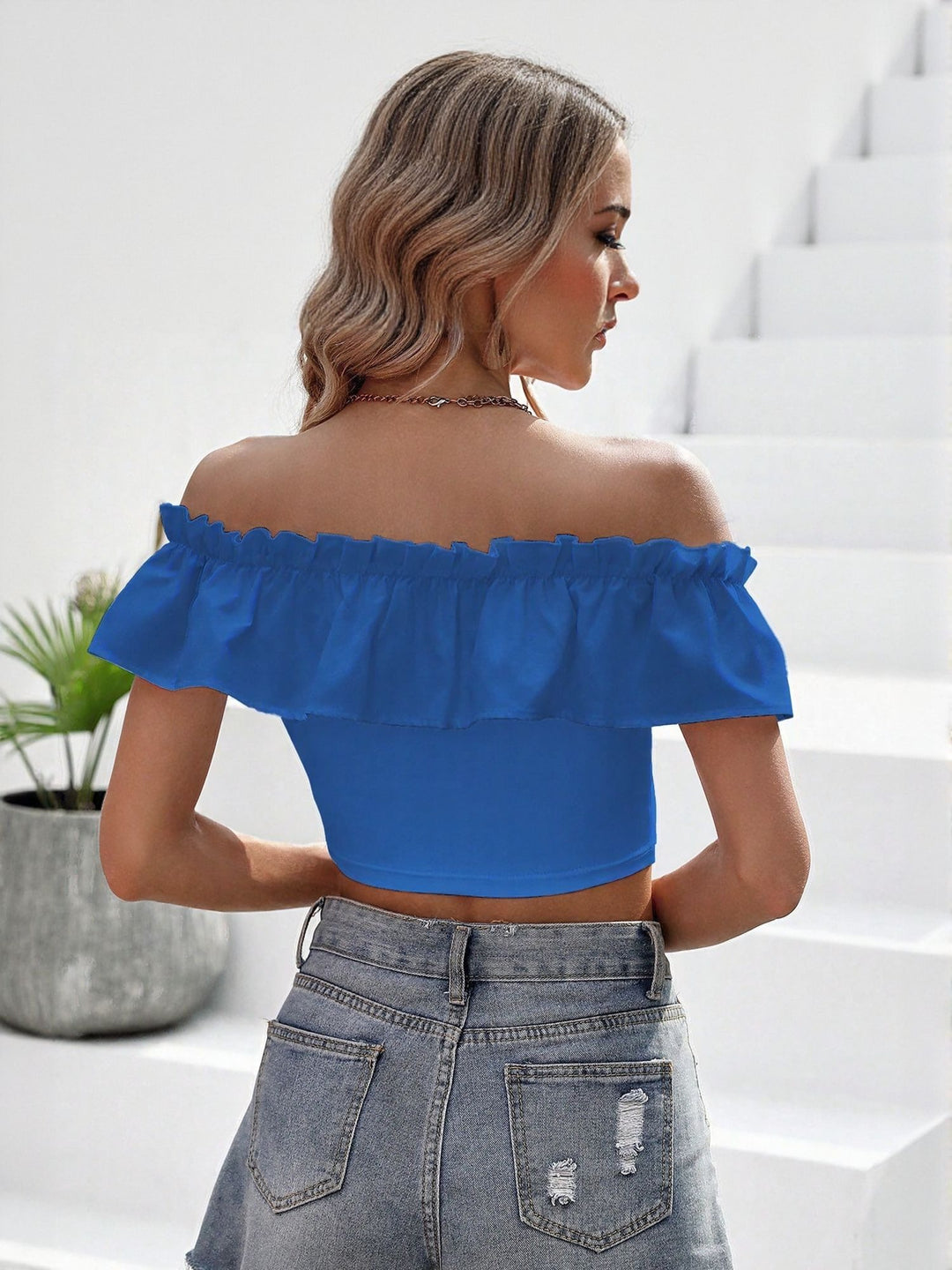 Blue Cropped Off Shoulder Top With Ruffle Detail