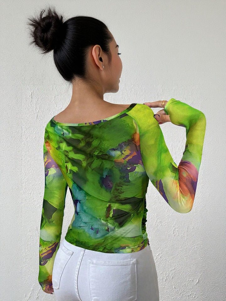 Green Abstract Print Fitted Top