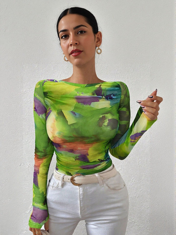 Green Abstract Print Fitted Top