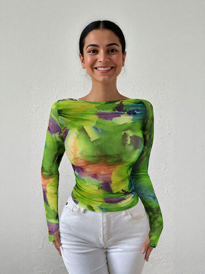 Green Abstract Print Fitted Top