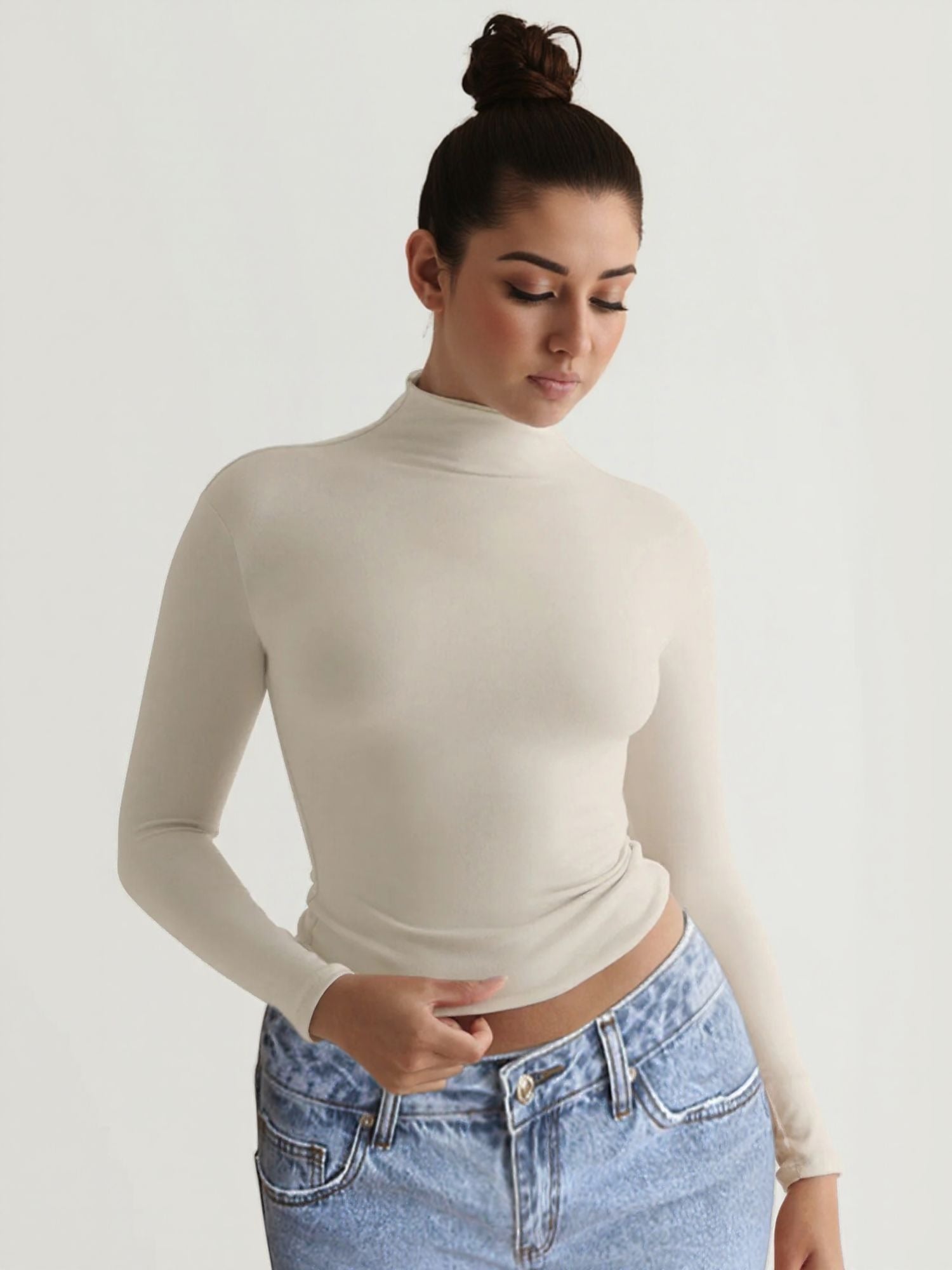 Cream Cropped Fitted Full Sleeve Tshirt