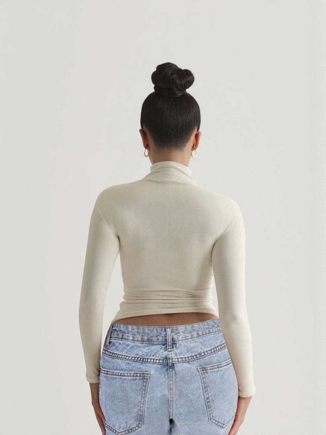 Cream Cropped Fitted Full Sleeve Tshirt