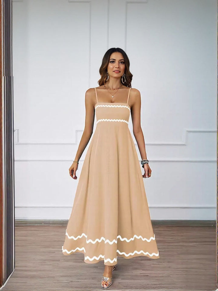 Khaki Noodle Strap Contrast Patterned Dress