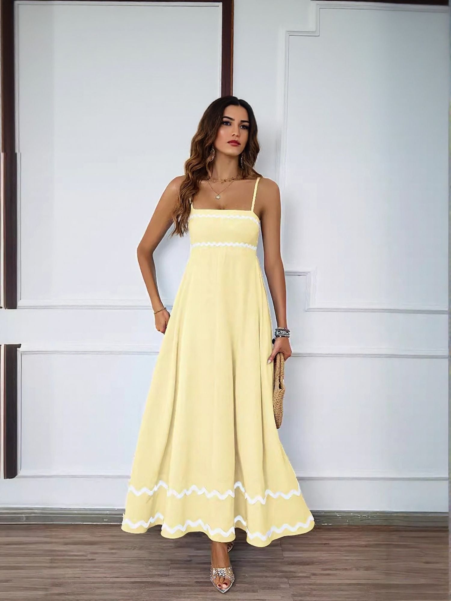 Yellow Noodle Strap Contrast Patterned Dress