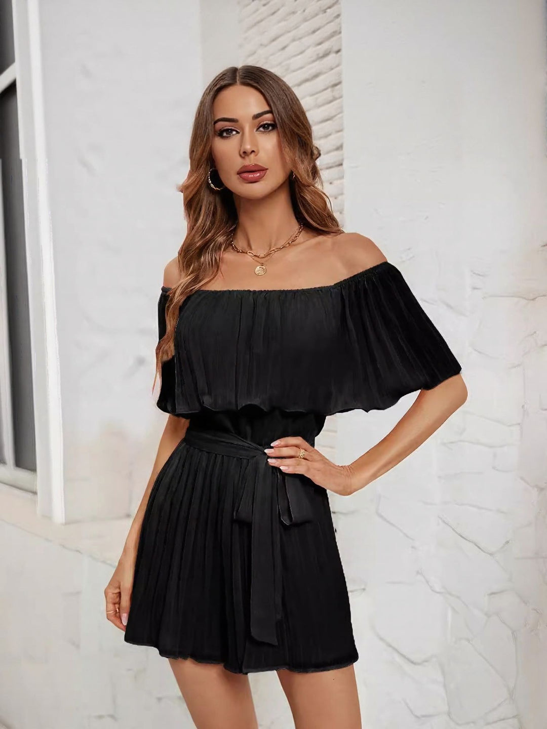 Black Off-Shoulder Pleated Dress