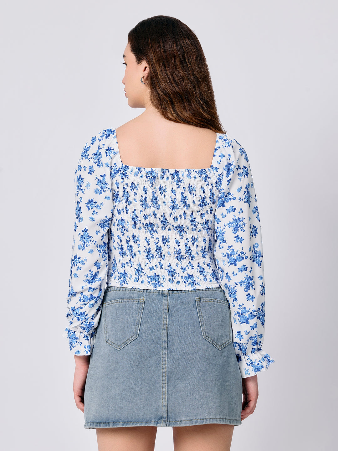Blue Square Neck Puff Sleeves Fitted Top