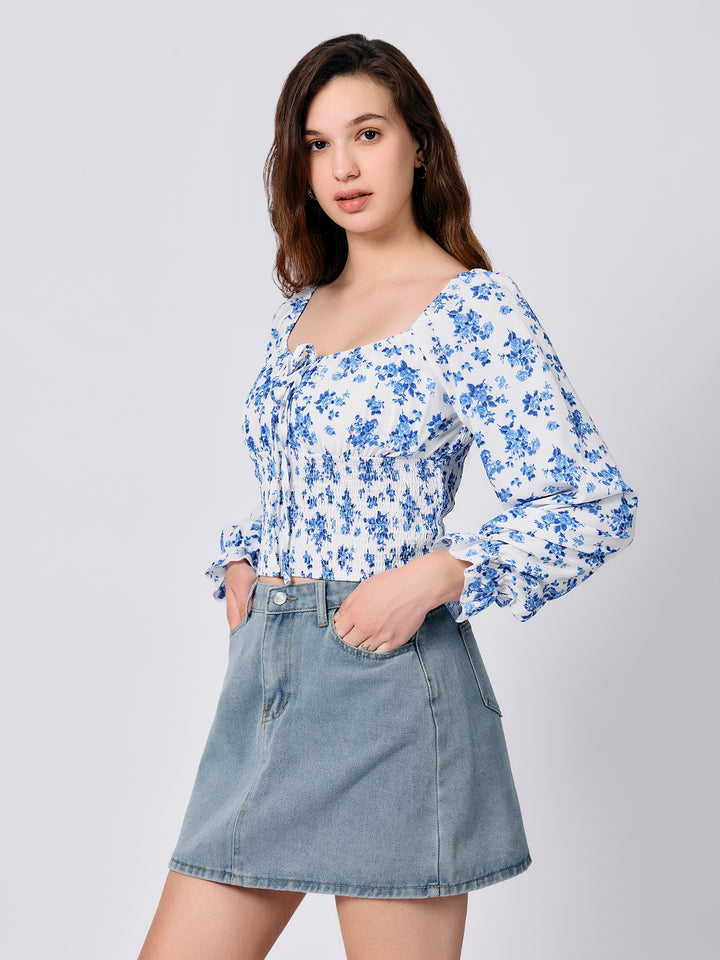 Blue Square Neck Puff Sleeves Fitted Top