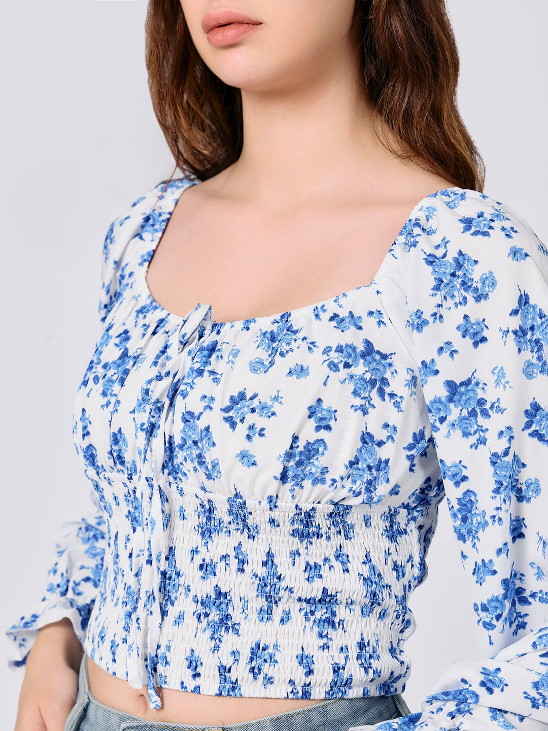 Blue Square Neck Puff Sleeves Fitted Top