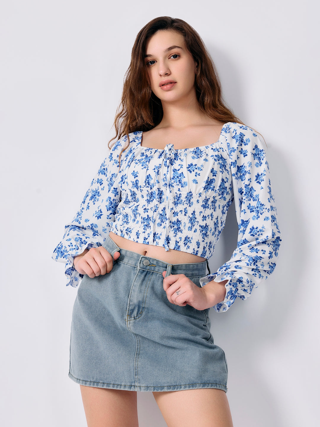 Blue Square Neck Puff Sleeves Fitted Top