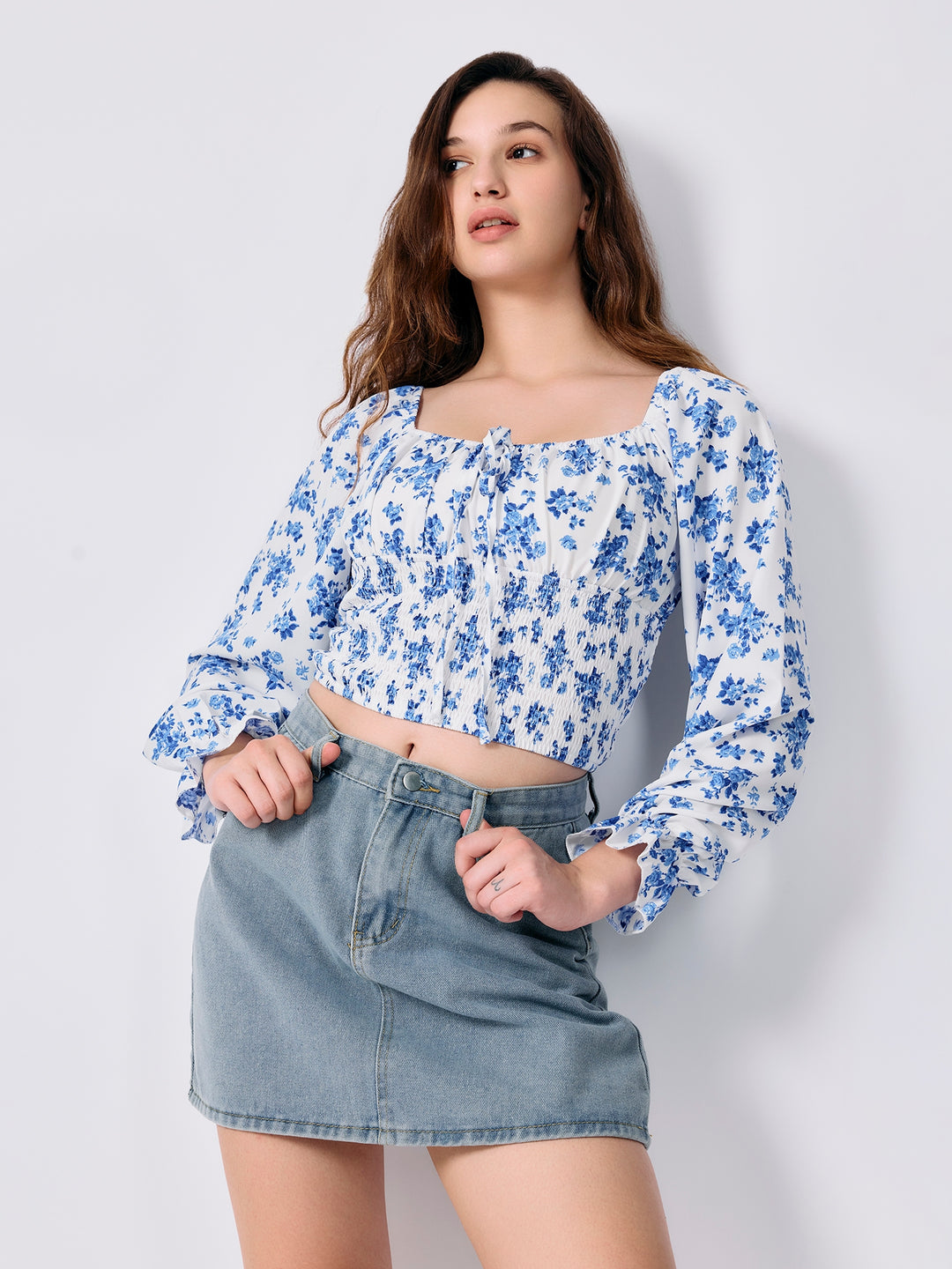 Blue Square Neck Puff Sleeves Fitted Top