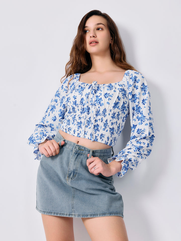 Blue Square Neck Puff Sleeves Fitted Top