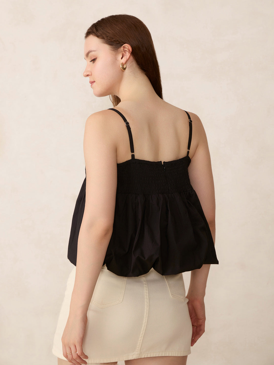 Black V Neck Bubble Hem Top
