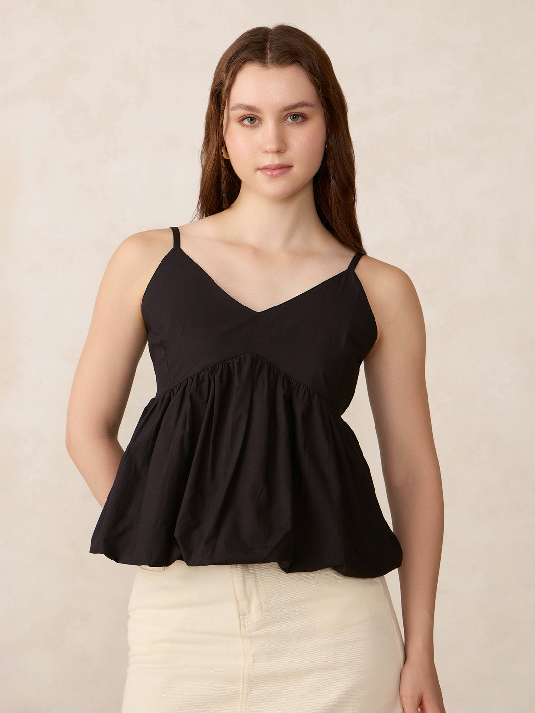 Black V Neck Bubble Hem Top
