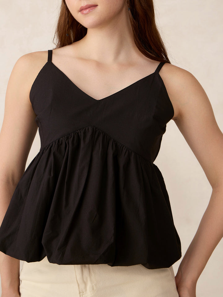 Black V Neck Bubble Hem Top