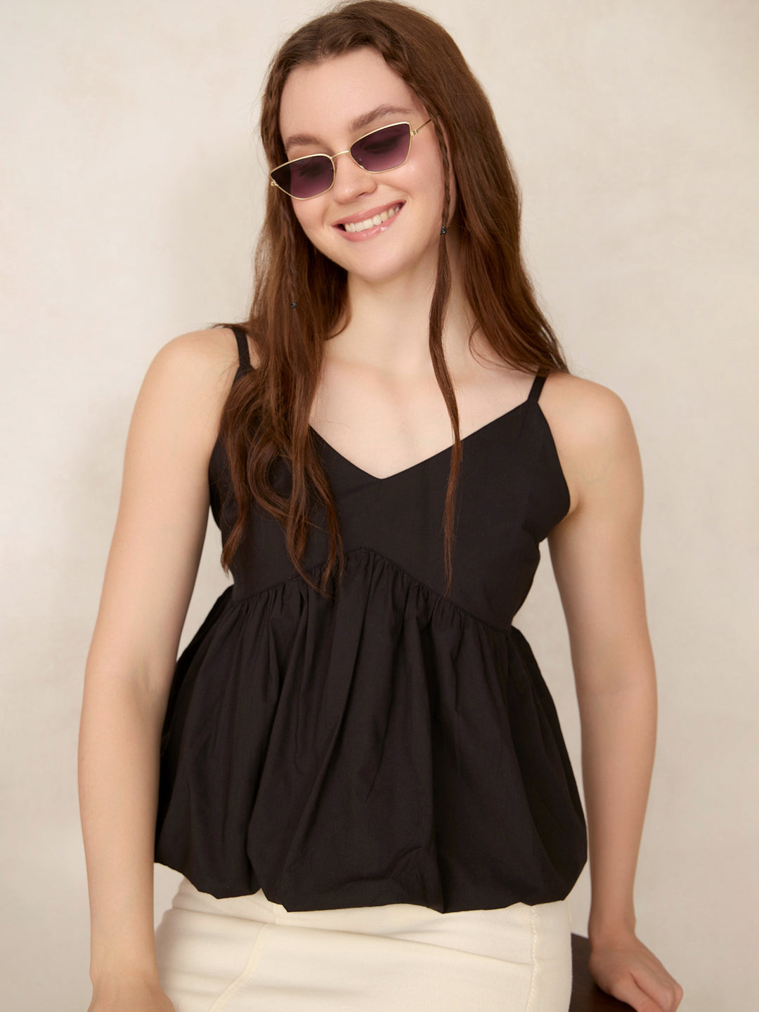 Black V Neck Bubble Hem Top