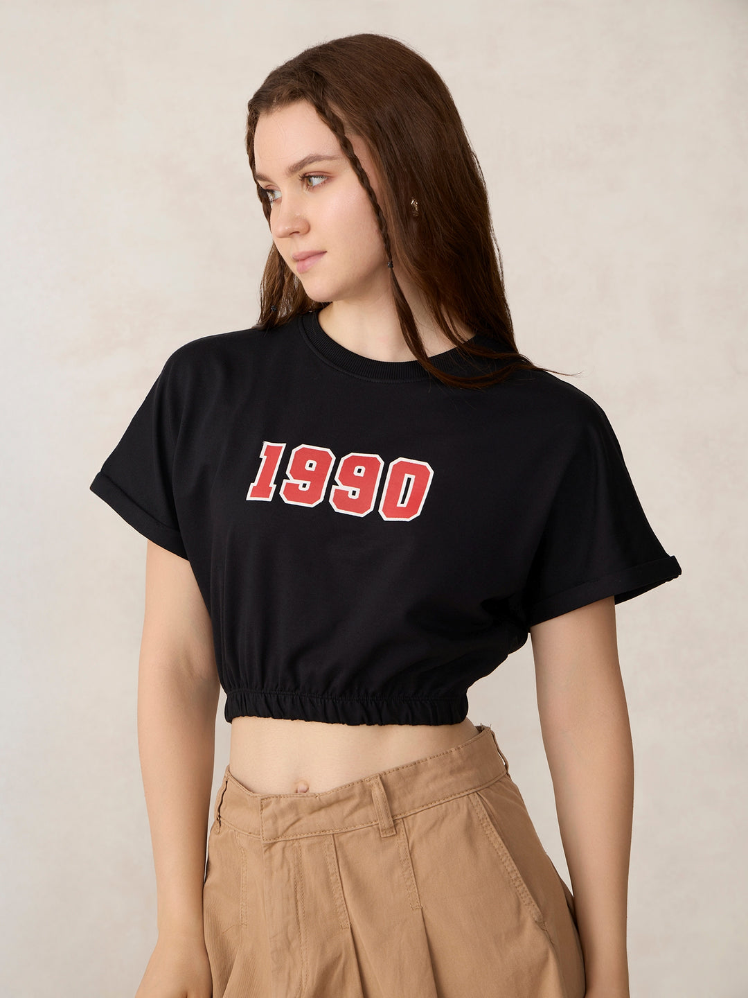 Black Boxy Cropped Elasticated Hem Sweatshirt