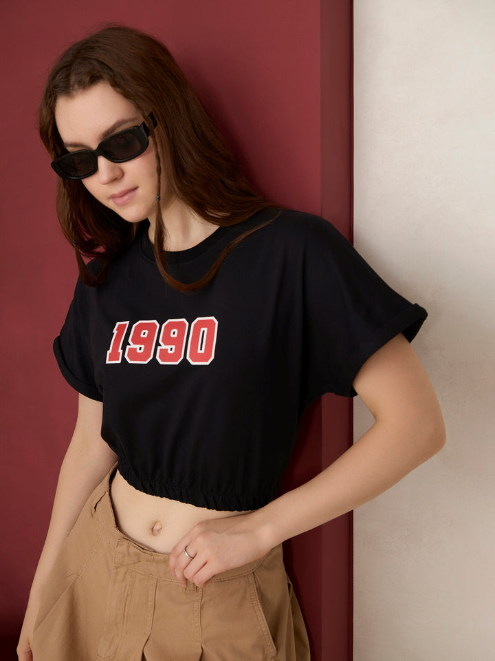 Black Boxy Cropped Elasticated Hem Sweatshirt