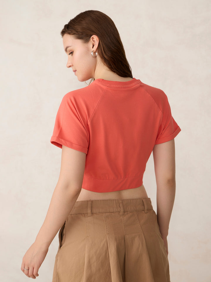 Coral Cropped Raglan Sleeve Sweatshirt