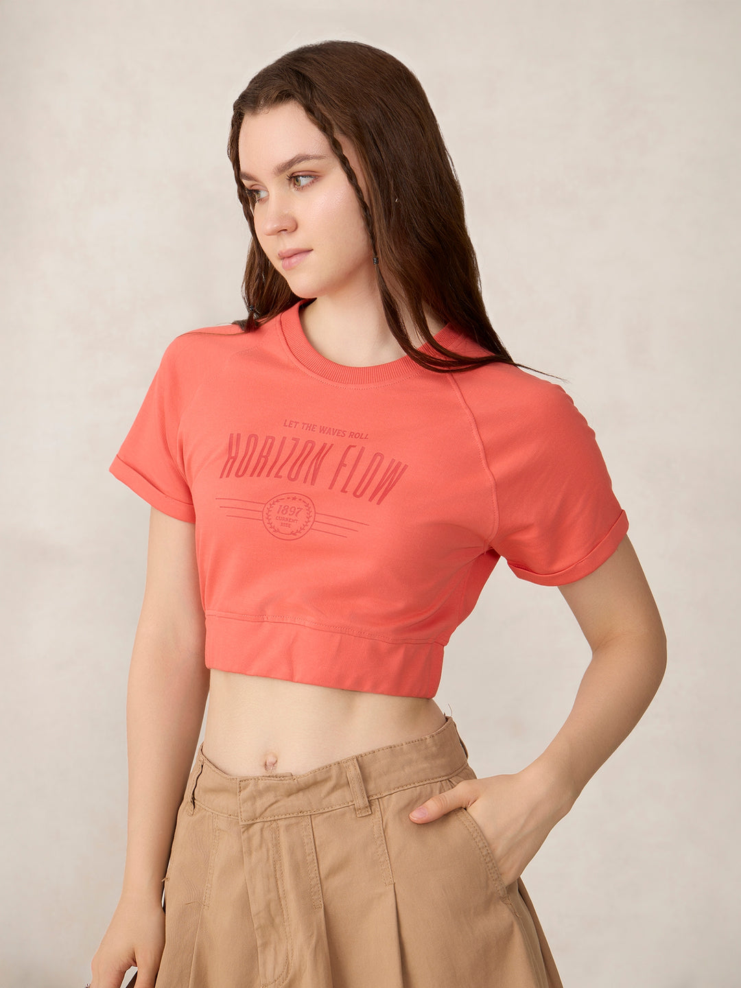 Coral Cropped Raglan Sleeve Sweatshirt