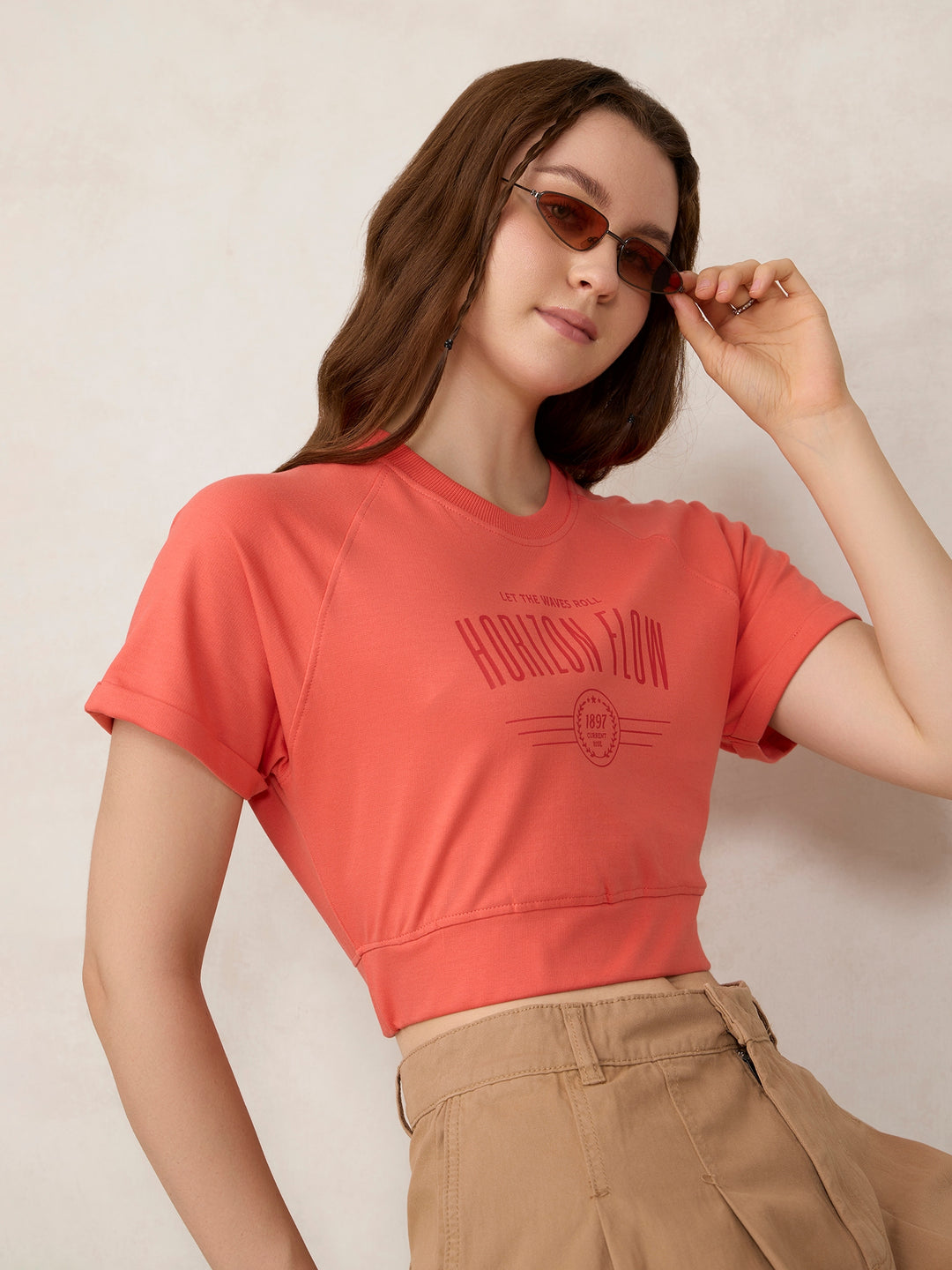 Coral Cropped Raglan Sleeve Sweatshirt