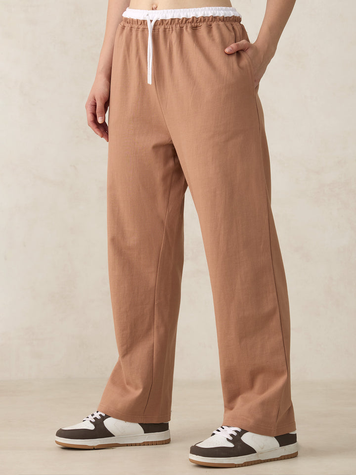 Brown Dual Toned Waistband Sweatpants