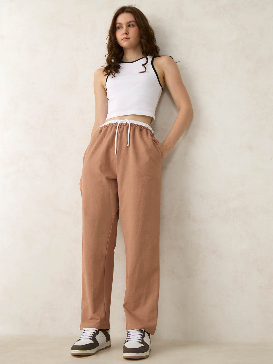 Brown Dual Toned Waistband Sweatpants