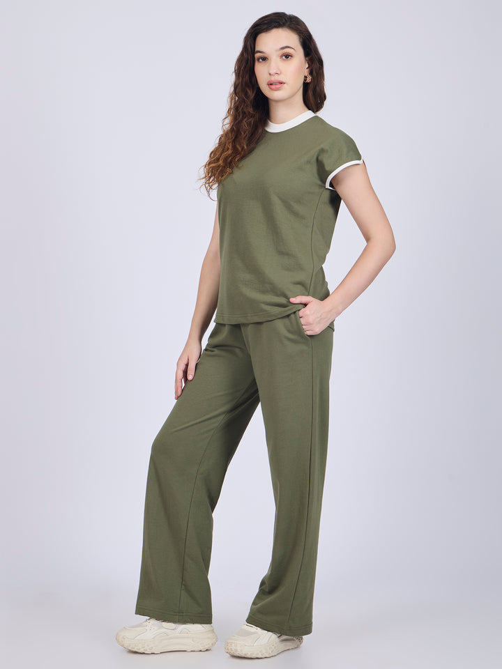 Olive Contrast Tiping T-Shirt Coord Set