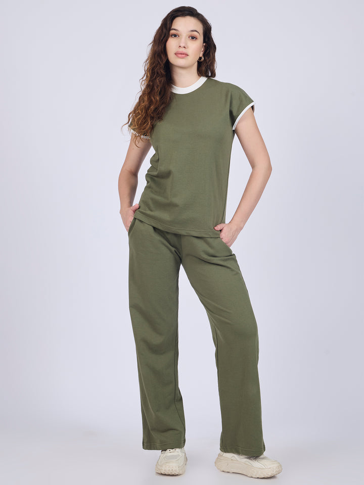Olive Contrast Tiping T-Shirt Coord Set