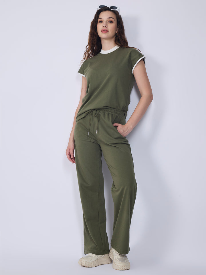 Olive Contrast Tiping T-Shirt Coord Set