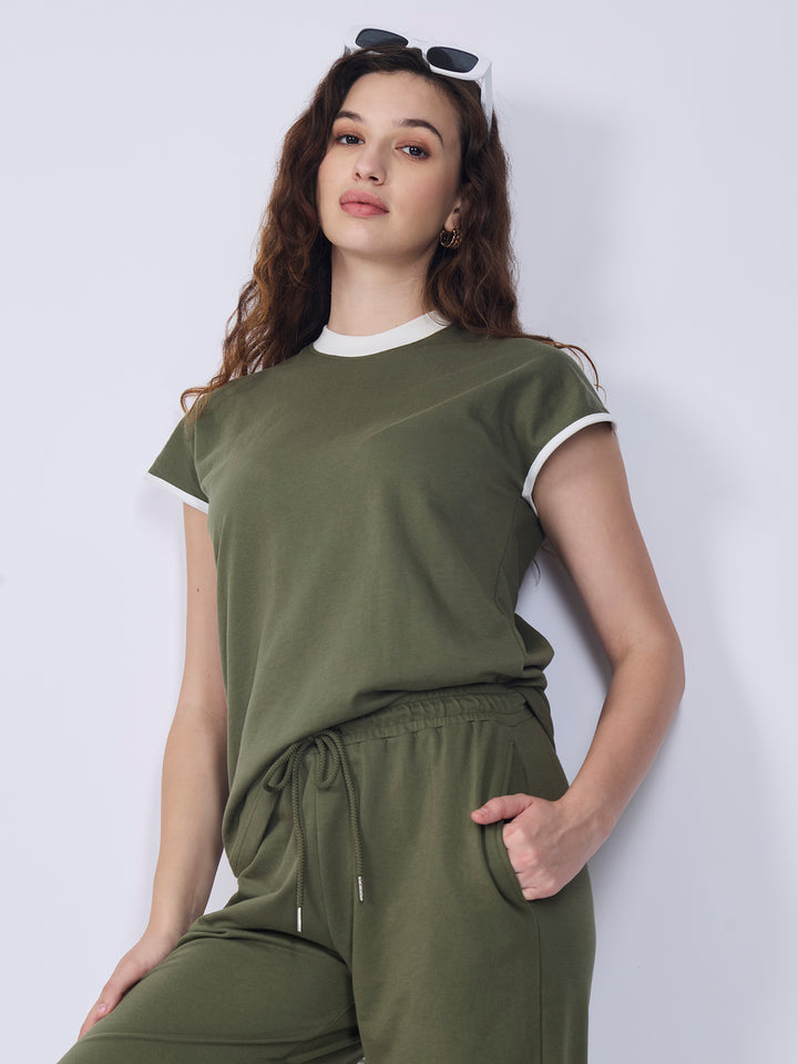 Olive Contrast Tiping T-Shirt Coord Set