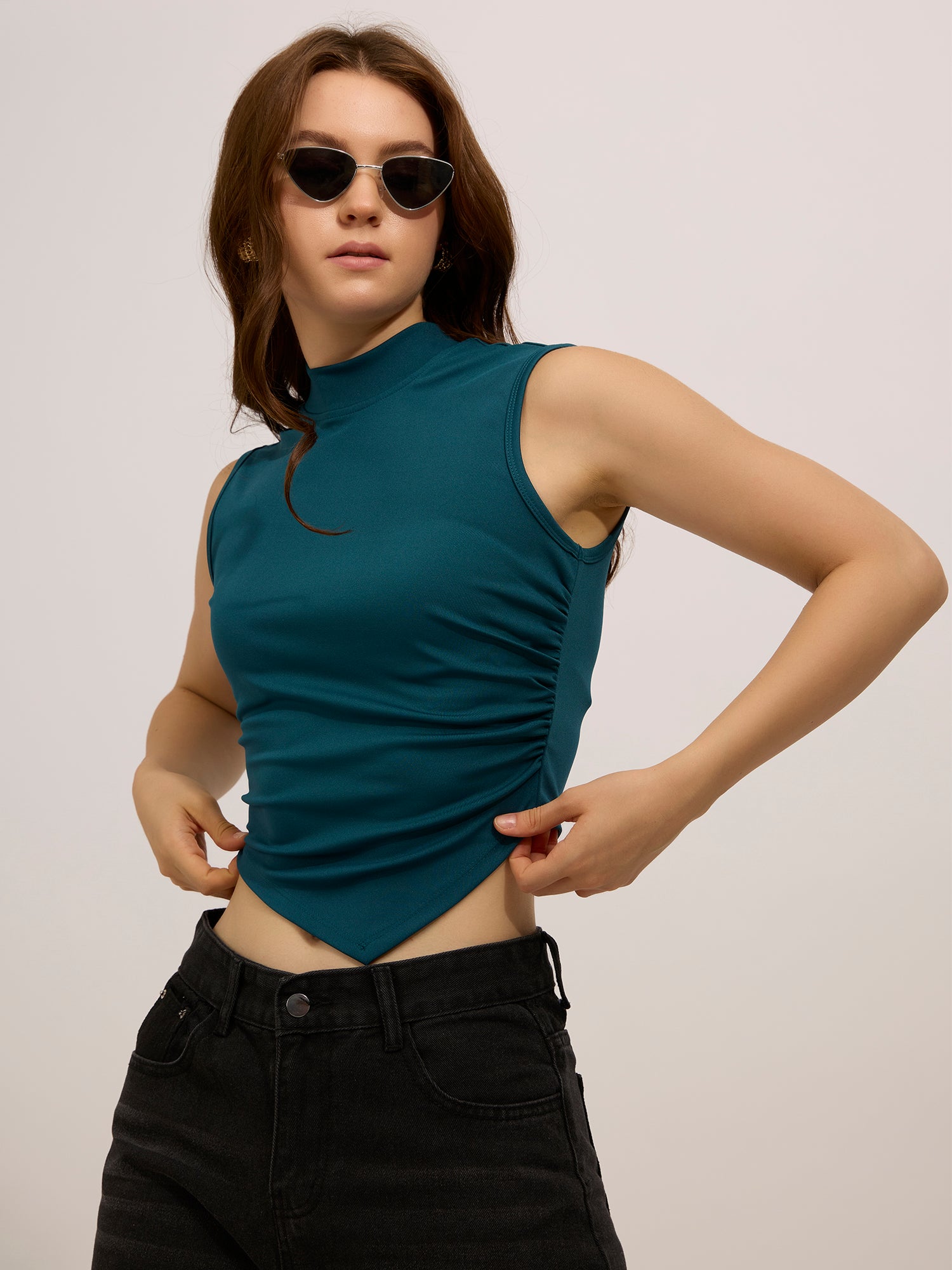 Teal High Neck Side Ruched Top