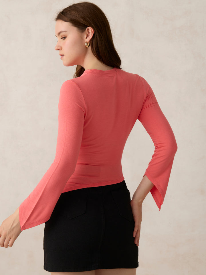 Pink Asymmetric Hem And Sleeves Top