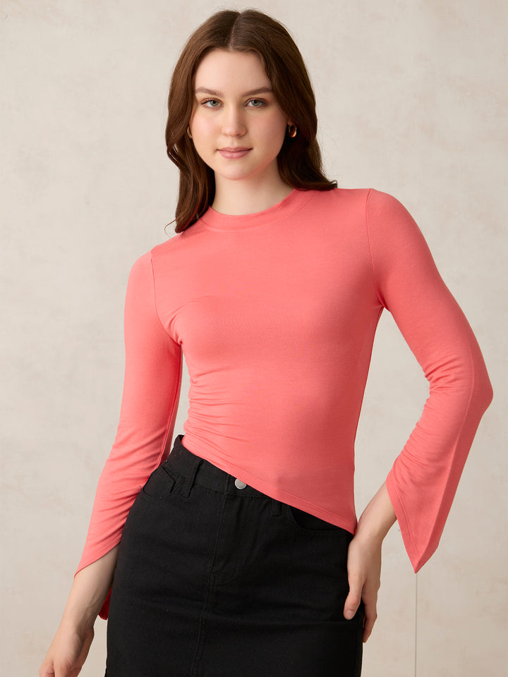 Pink Asymmetric Hem And Sleeves Top