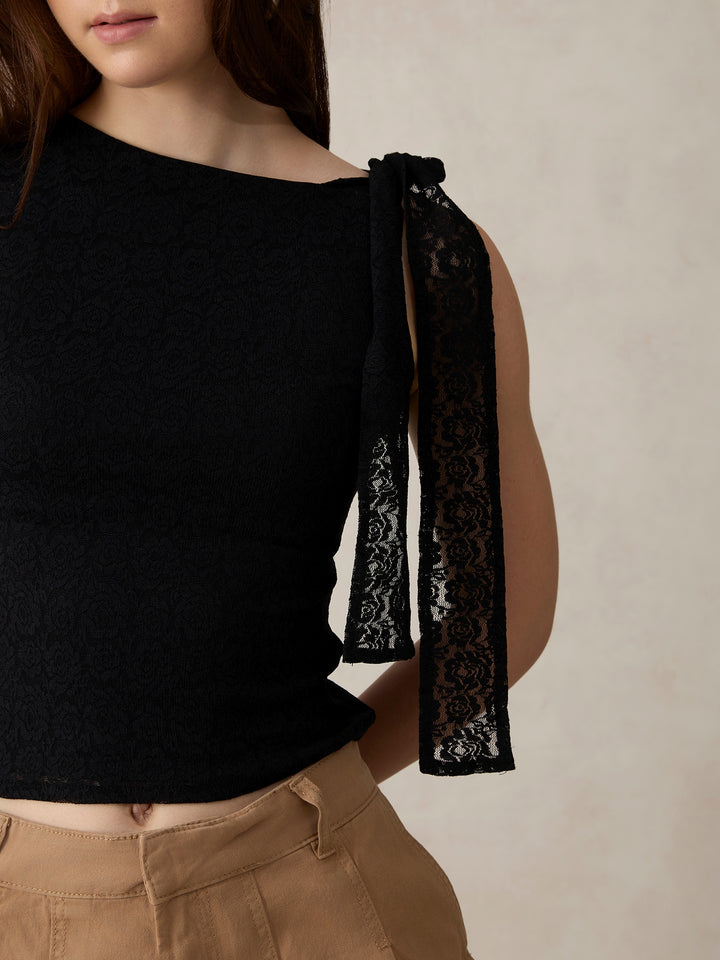 Black Lace Tie Up Top