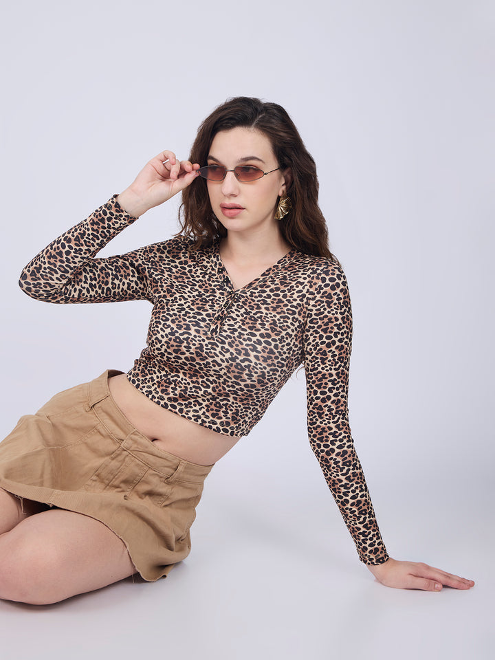 Beige Animal Printed Knit Top