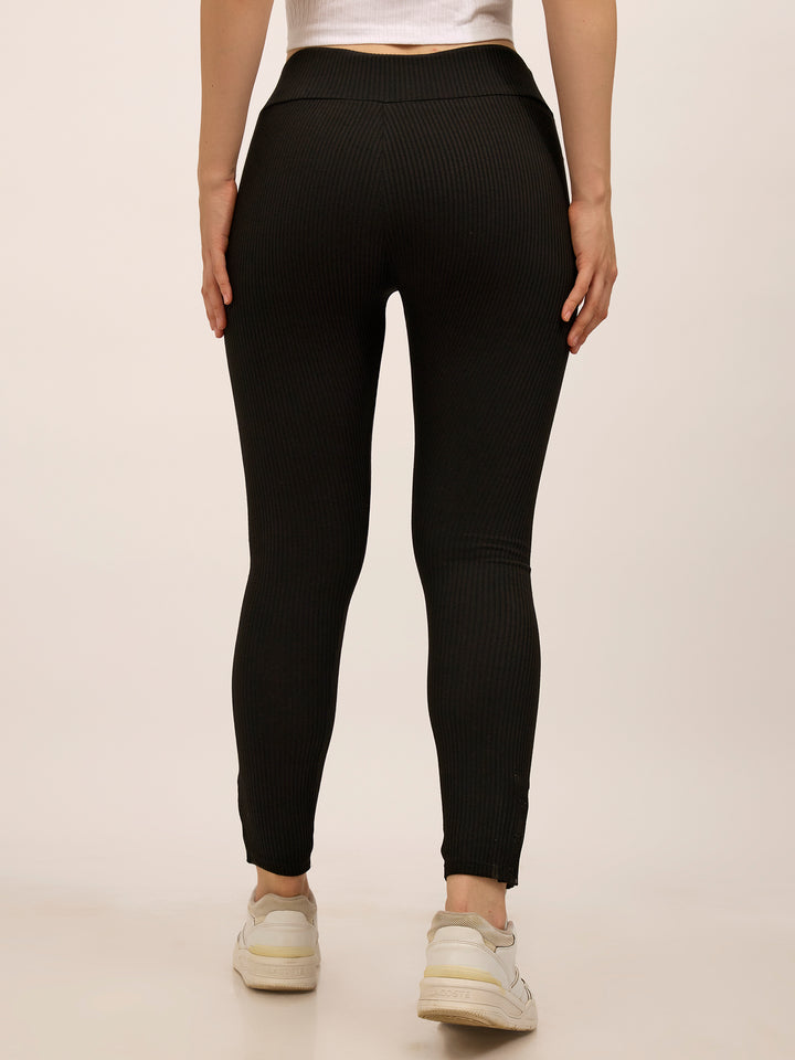 Black Ribbed Basic Solid Leggings