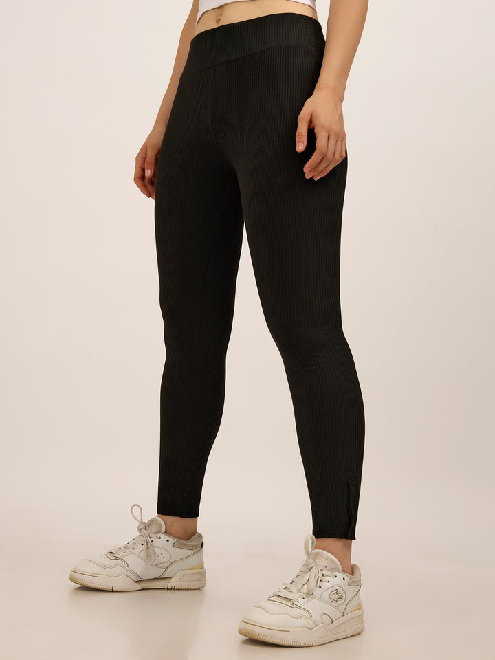 Black Ribbed Basic Solid Leggings