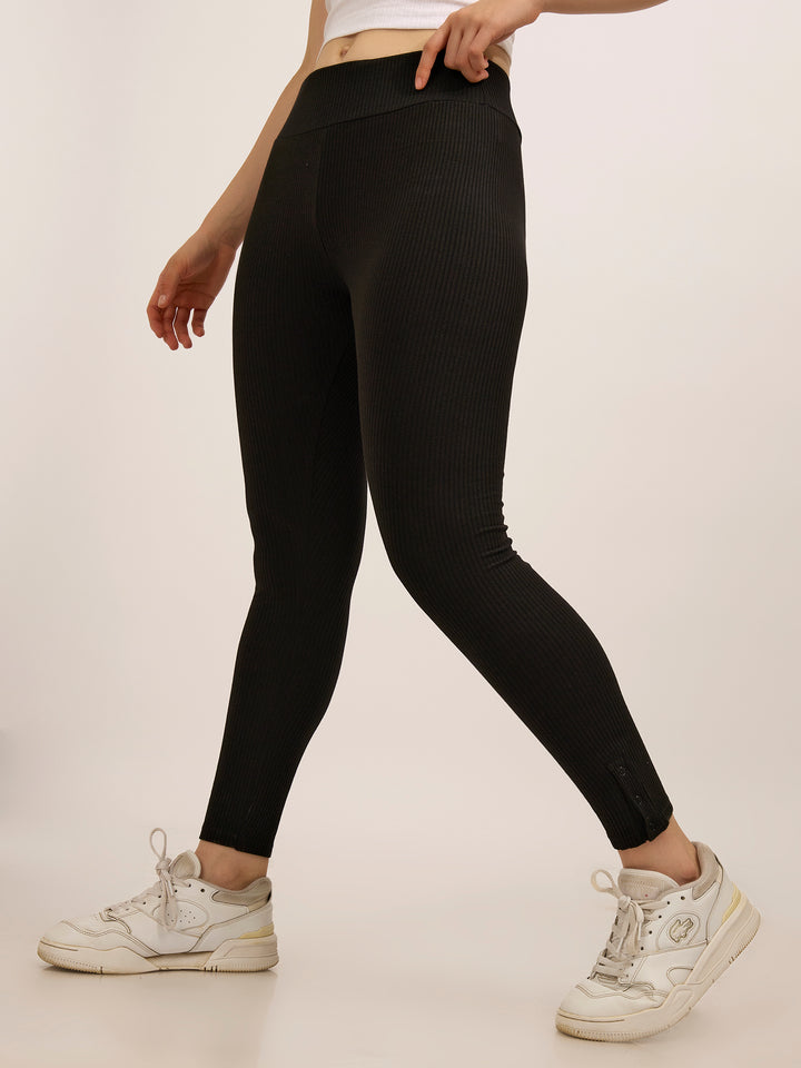 Black Ribbed Basic Solid Leggings