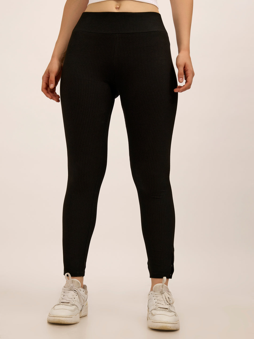 Black Ribbed Basic Solid Leggings