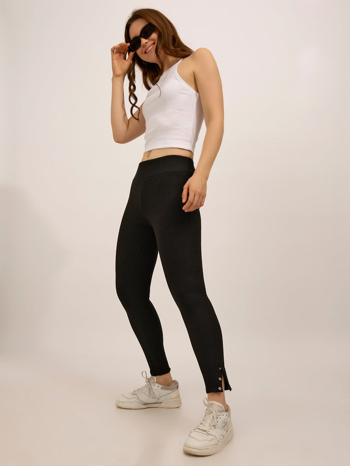 Black Ribbed Basic Solid Leggings