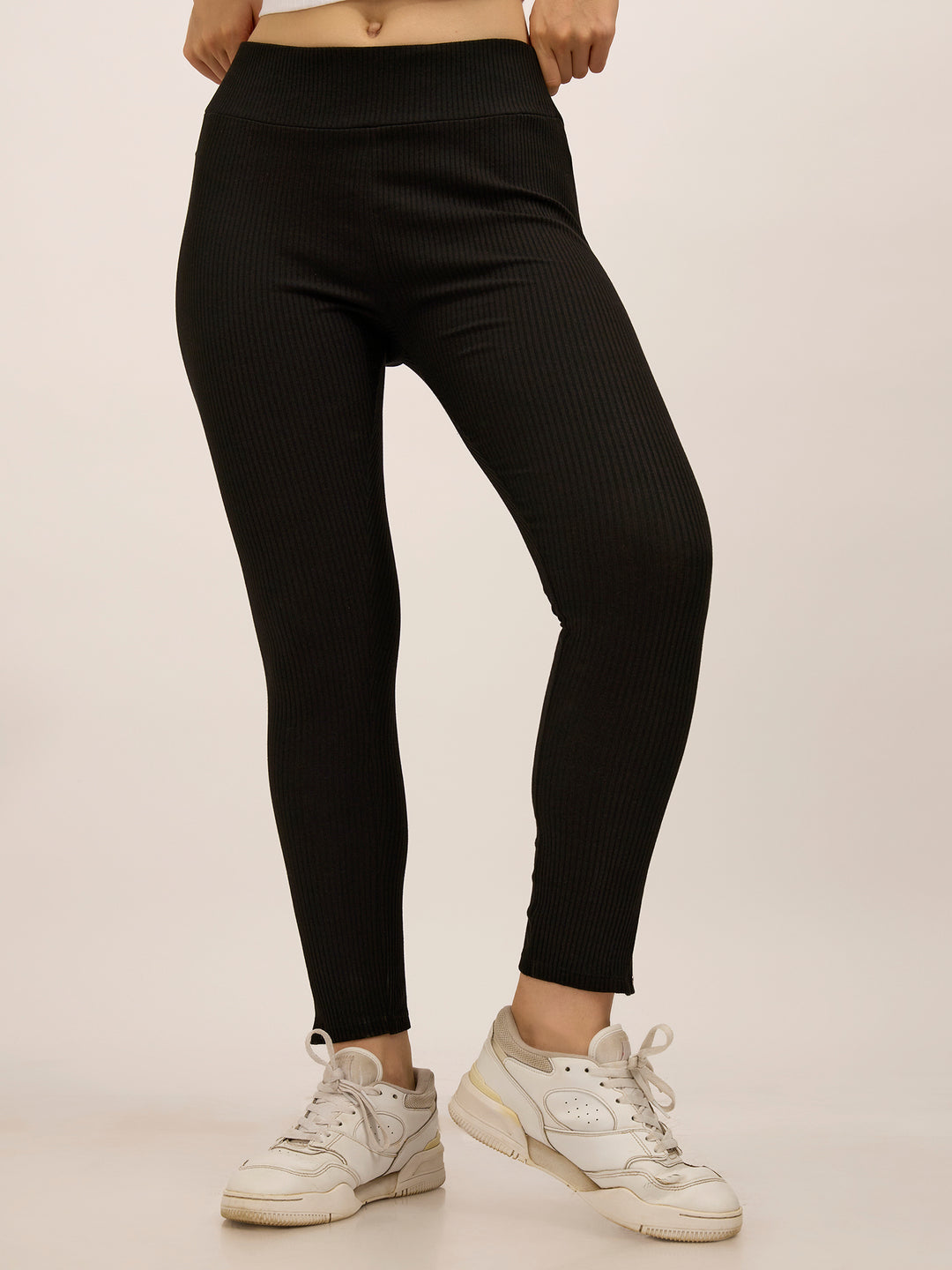 Black Ribbed Basic Solid Leggings