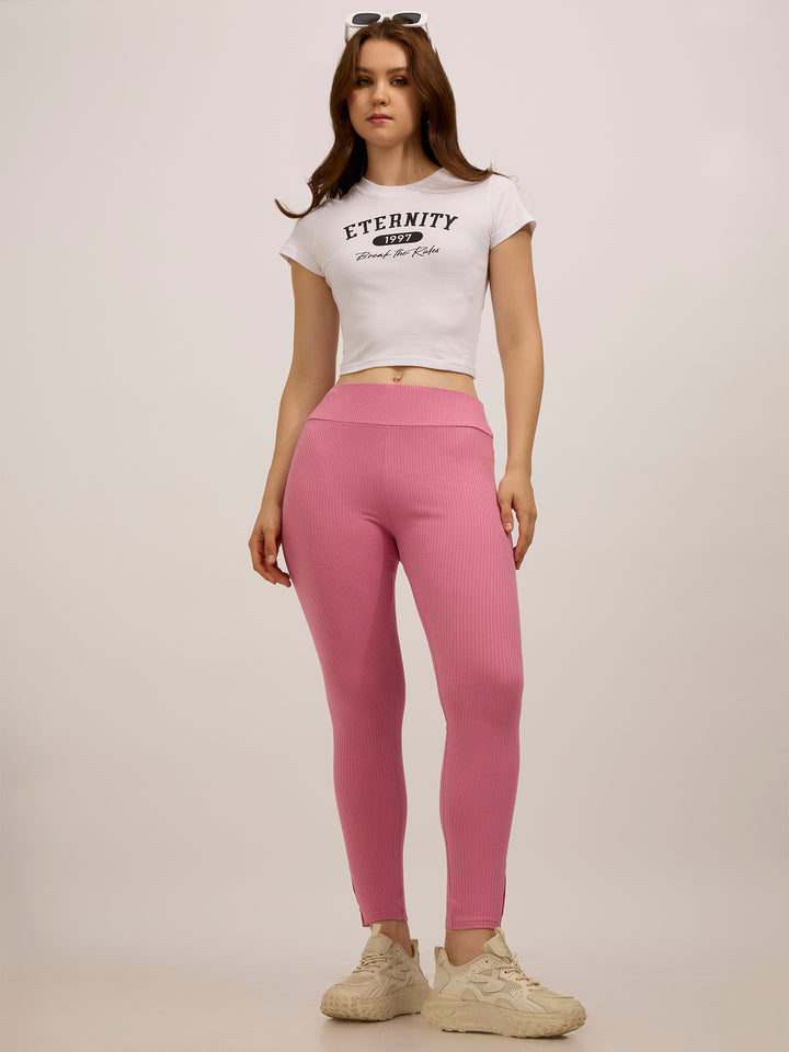 Mauve Ribbed Basic Solid Leggings