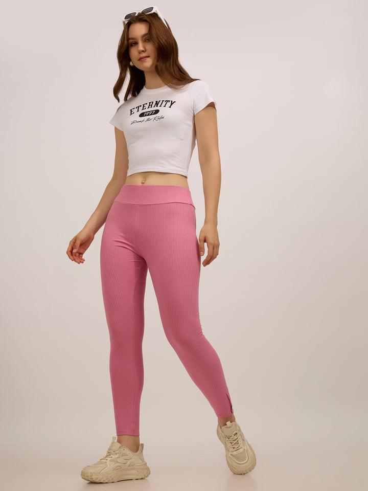 Mauve Ribbed Basic Solid Leggings