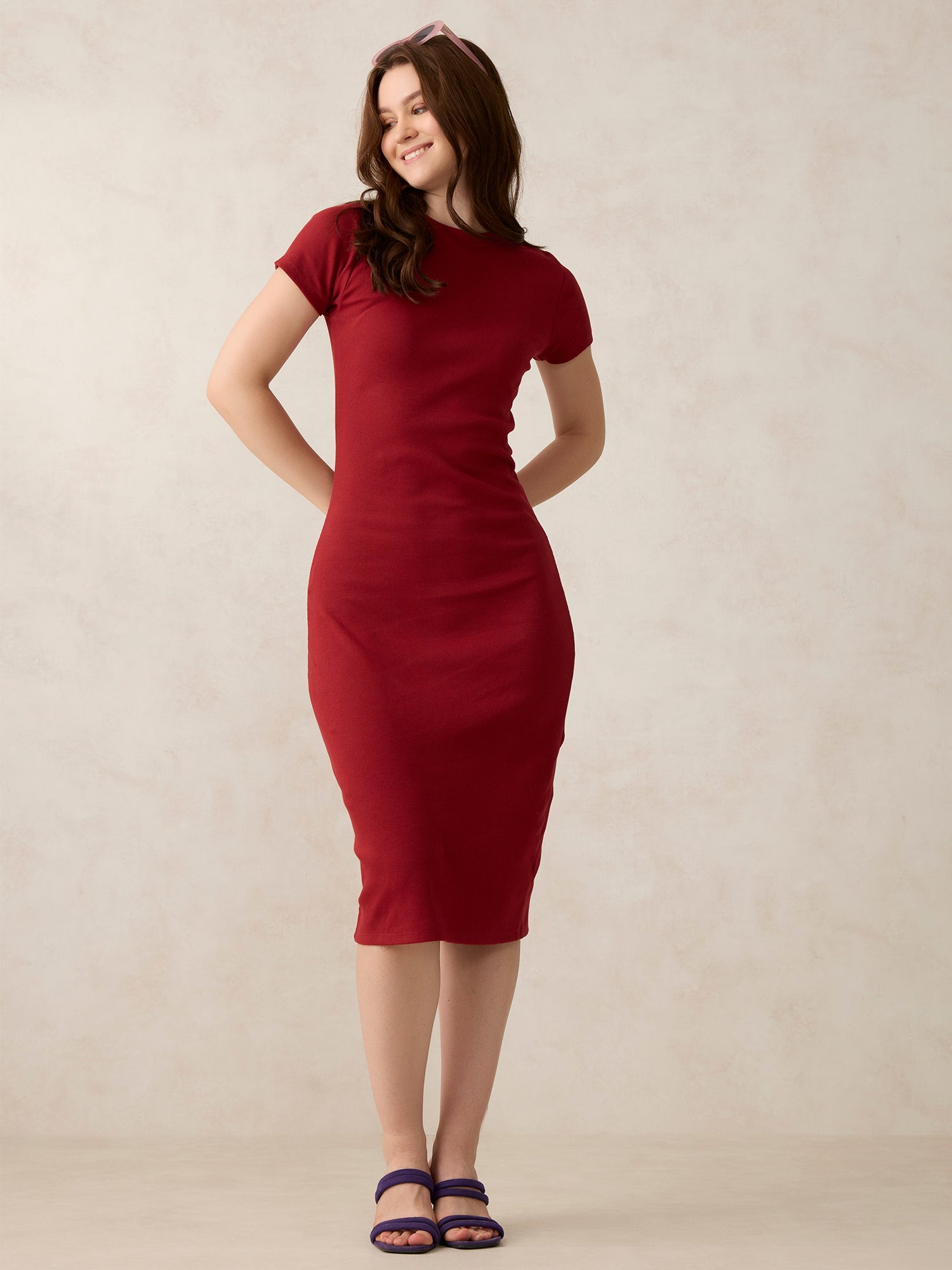 Maroon Crew Neck Bodycon T-Shirt Dress