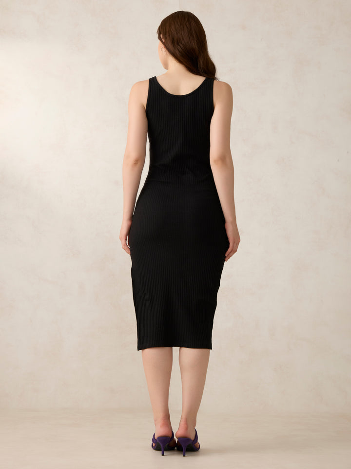 Black Plunge Neck Side Slit Dress