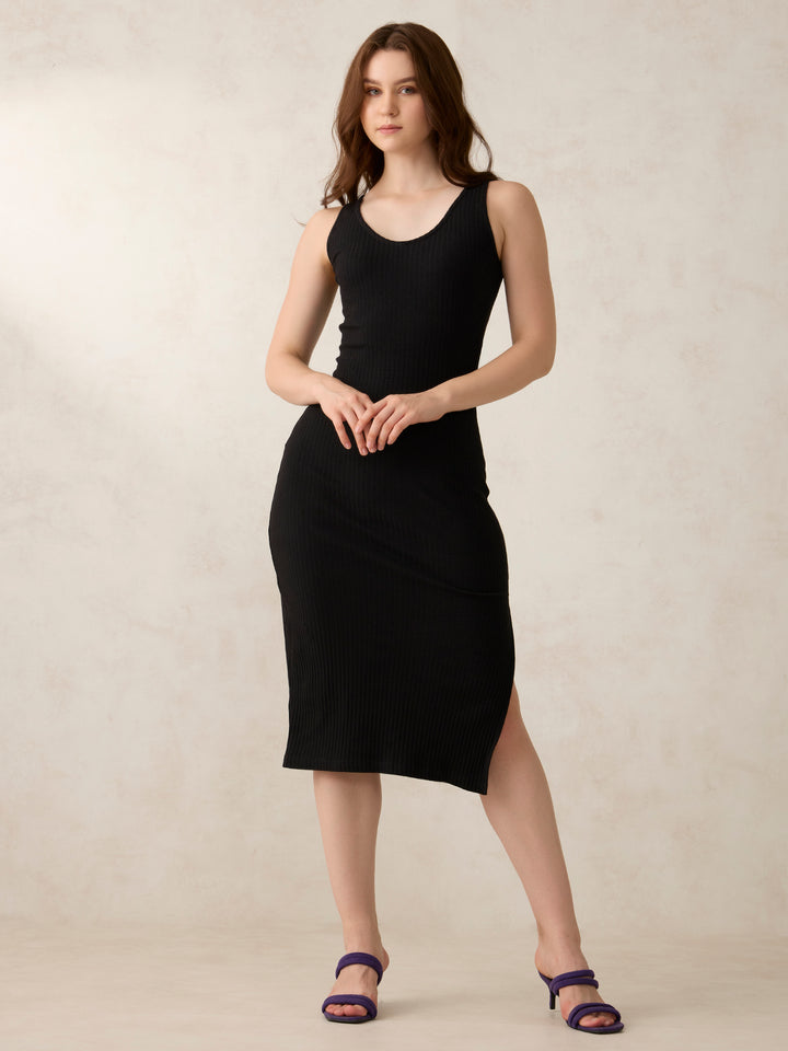 Black Plunge Neck Side Slit Dress