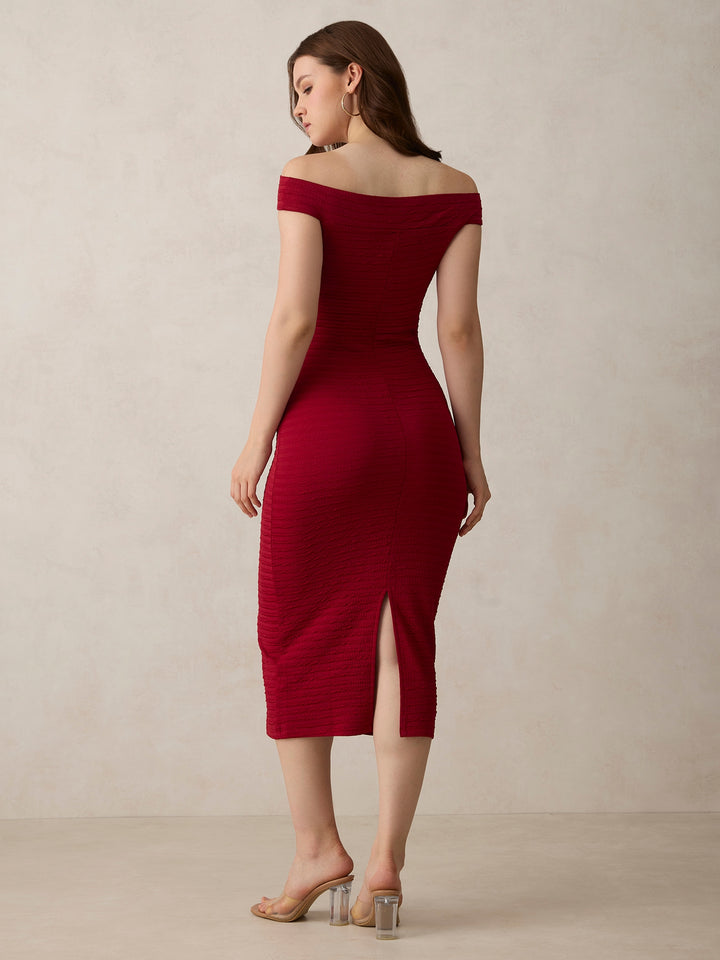 Maroon Off Shoulder Textured Knit Dress